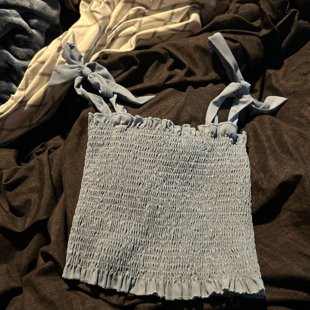 This is a light blue crop top, don’t know the brand, Size- Small